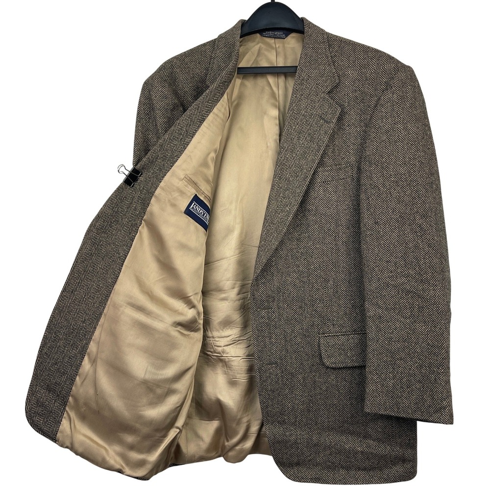 VTG Lands End HERRINGBONE Tweed Blazer Lambswool 42L Sport Coat Jacket Brown 2B